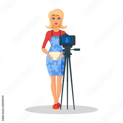 Pretty blond young woman in blue apron standing with bowl before camera. Housewife, cook, chef recording video about cookery, showing new recipe for her vlog. Cartoon vector illustration on white.