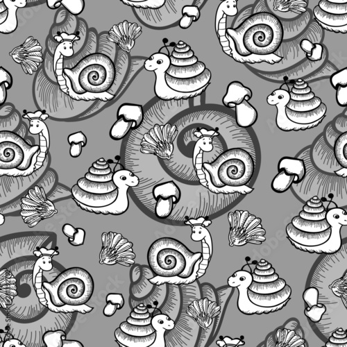 seamless pattern snails graphic background shadow doodle black white sketch