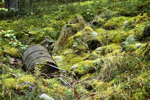 Ecological problem. Environmental pollution. Contamination of forests with industrial debris. Rusty barrel in the woods.