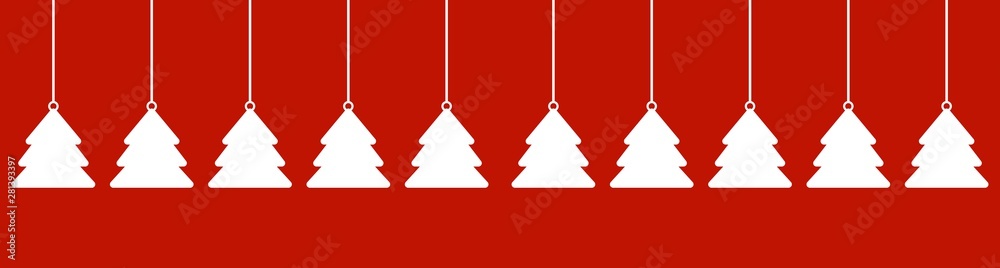 Roter Banner Hintergrund für Weihnachten mit hängenden weißen Tannenbäumen