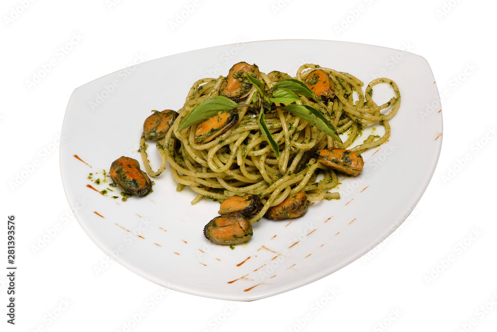Fried rice noodles. Green Chinese vermicelli on a plate on a white isolated background Fried rice noodles. Green Chinese vermicelli on a plate on a white isolated background