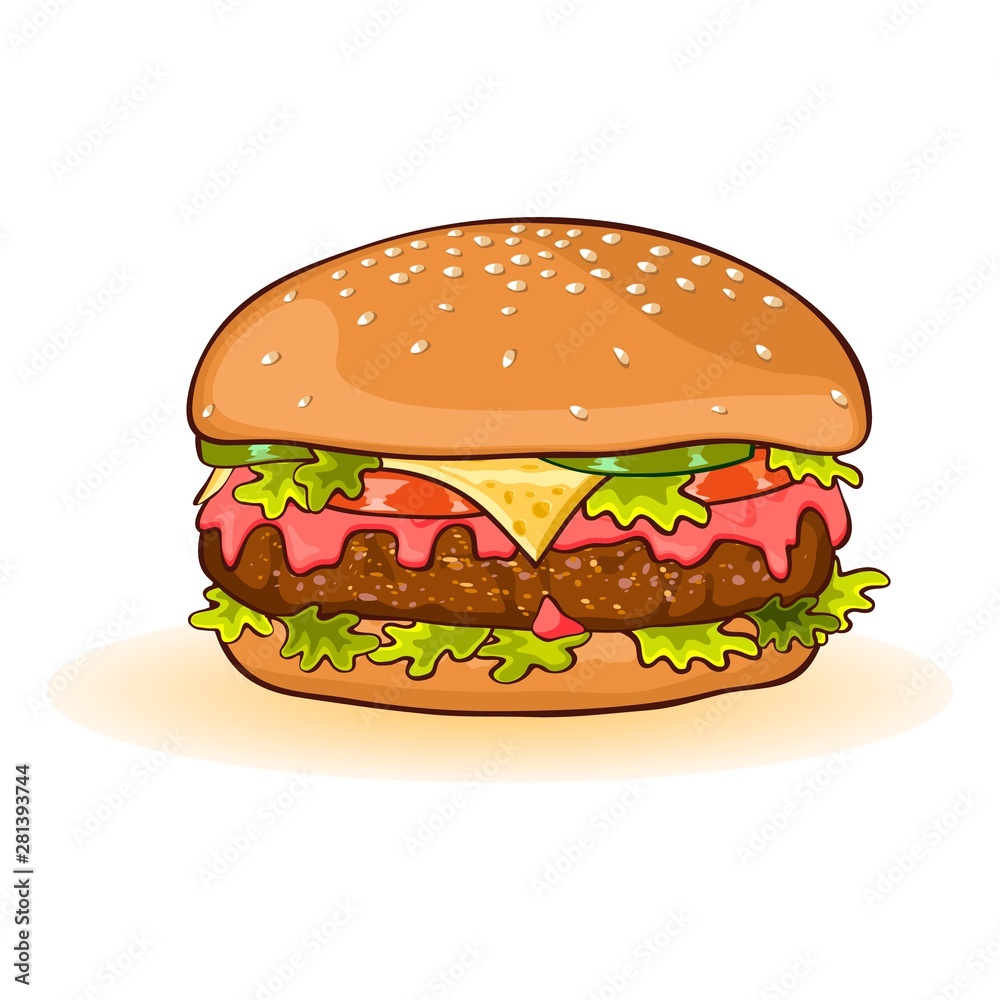 Calorific fattening fast food. Cheeseburger with slices of beef patty, cheese, ketchup, tomato, cucumber or pickles, lettuce, sauce. All served in toasted bun with sesame seeds. Vector cartoon icon. Calorific fattening fast food. Cheeseburger with slices of beef patty, cheese, ketchup, tomato, cucumber or pickles, lettuce, sauce. All served in toasted bun with sesame seeds. Vector cartoon icon.