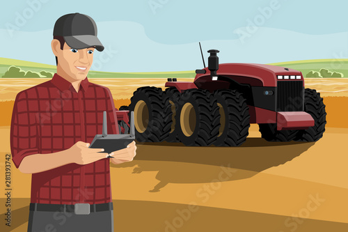 Farmer with autonomous tractor on a smart farm. Vector illustration EPS 10