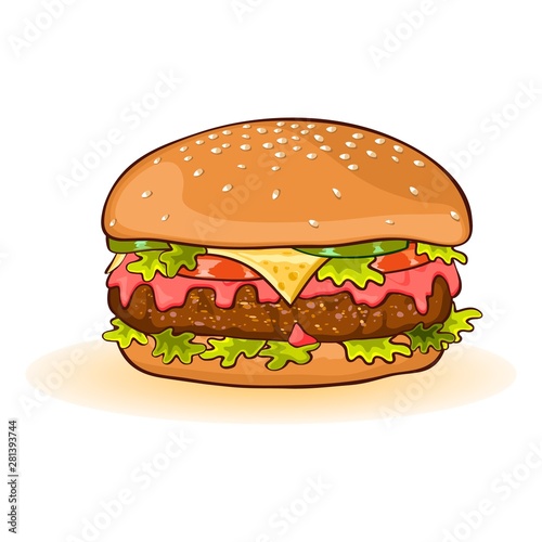 Calorific fattening fast food. Cheeseburger with slices of beef patty, cheese, ketchup, tomato, cucumber or pickles, lettuce, sauce. All served in toasted bun with sesame seeds. Vector cartoon icon.