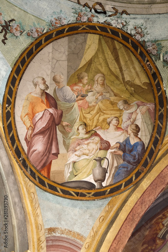 Leinwand Poster Birth of Saint John the Baptist, fresco on the ceiling of the Saint John the Bap