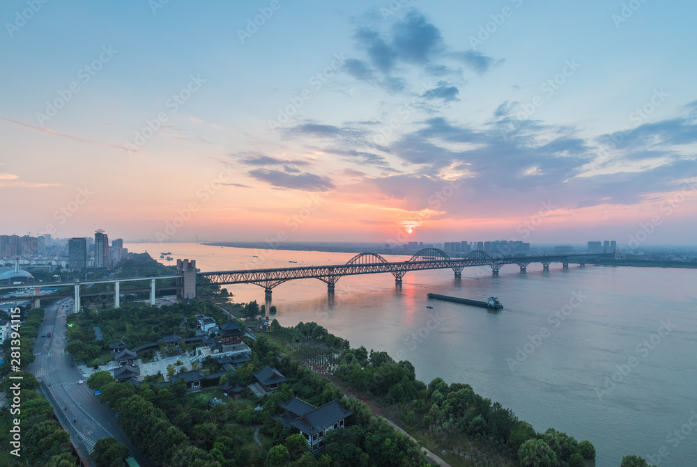 jiujiang yangtze river bridge at dusk