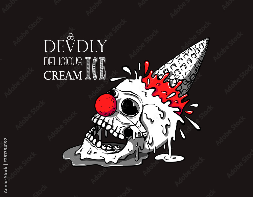 Clown skull ice cream fell on the ground, waffle cone sticking up and splashes fly away, the ice cream melts and flows.  Creepy cartoon illustration for prints, t-shirts, Halloween or tattoo. 