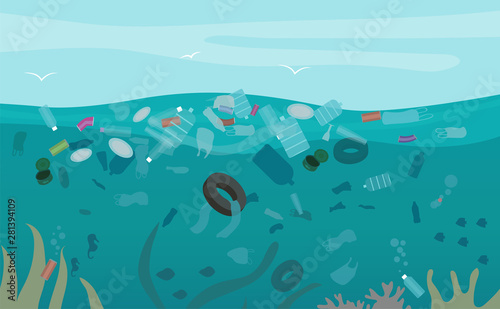 Ecological disaster of plastic trash in the ocean. Dead turtle, jellyfish, seabirds and fish on a background of debris at the sea.