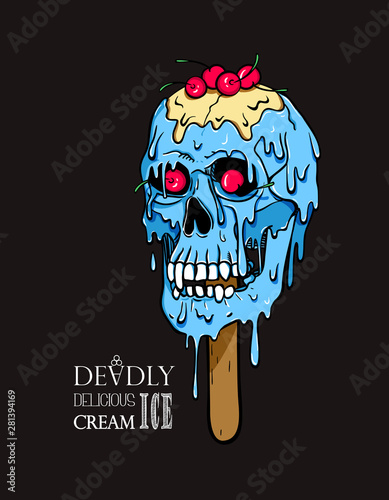 Skull ice lolly with red cherry melts and flows. Creepy cartoon blue ice cream illustration for prints, t-shirts, Halloween or tattoo.