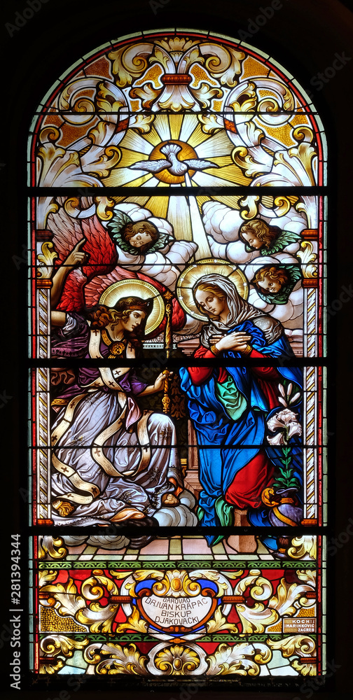 Annunciation of the Virgin Mary, stained glass window in the Saint John the Baptist church in Zagreb, Croatia
