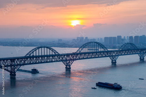 jiujiang yangtze river bridge closeup in sunset