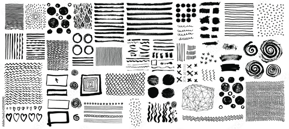 Vector set of grungy hand drawn textures. Lines, circles, crosses, smears, spirals, waves, brush strokes, triangles. Hand drawn elements for your graphic design