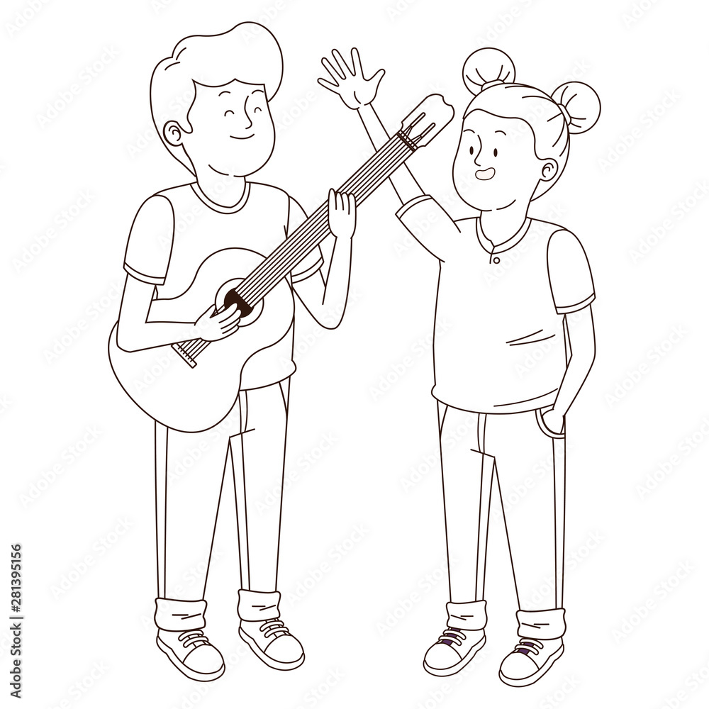 Teenagers friends smiling and having fun cartoon in black and white Teenagers friends smiling and having fun cartoon in black and white