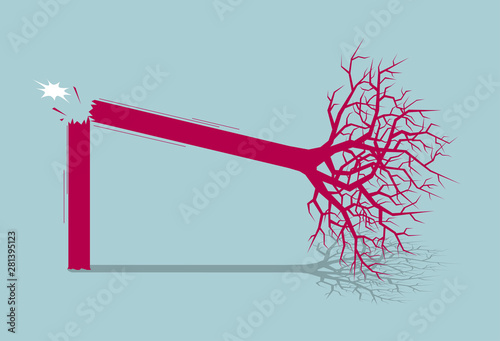 The tree fell and the tree broke.Isolated on blue background.