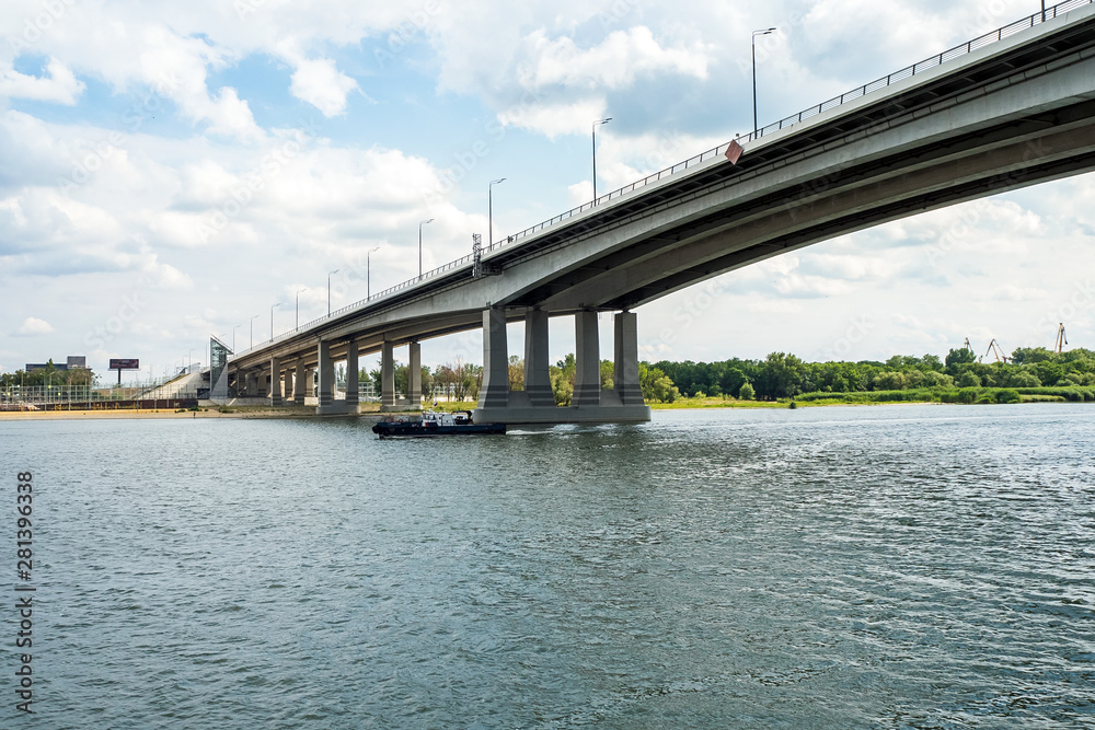 Rostov-on-Don, Russia - July, 2019: the ship sails along the Don River under the Voroshilovsky Bridge
