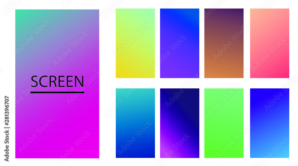 Vector EPS 10 Gradient Set. Different colors. Modern Smartphone screen, mobile app Template. Design for Wallpaper, background, banner, flyer, Social media post