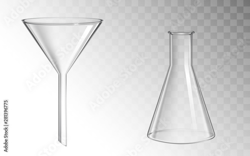Glass funnel and flask, glassware for chemical laboratory isolated on transparent background, filtration and test medical science lab, chemistry equipment. Realistic 3d vector illustration, clip art