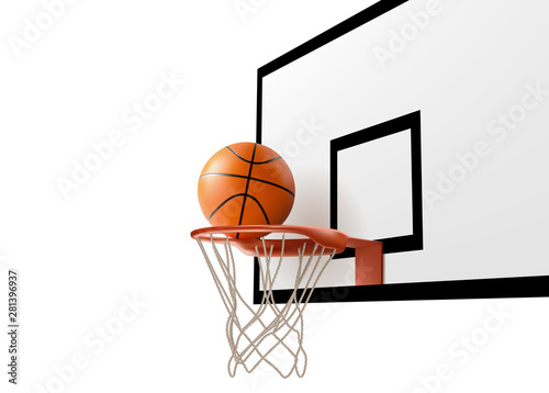 Basketball ball falling into ring hoop net at backboard isolated on white background, sport competition design template for banner, tournament poster, Realistic 3d vector illustration