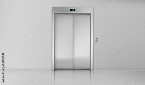 Elevator doors, close lift cabin entrance with chrome metal buttons panel, empty building white hallway interior, office vestibule, hotel or dwelling lobby Realistic 3d vector Illustration