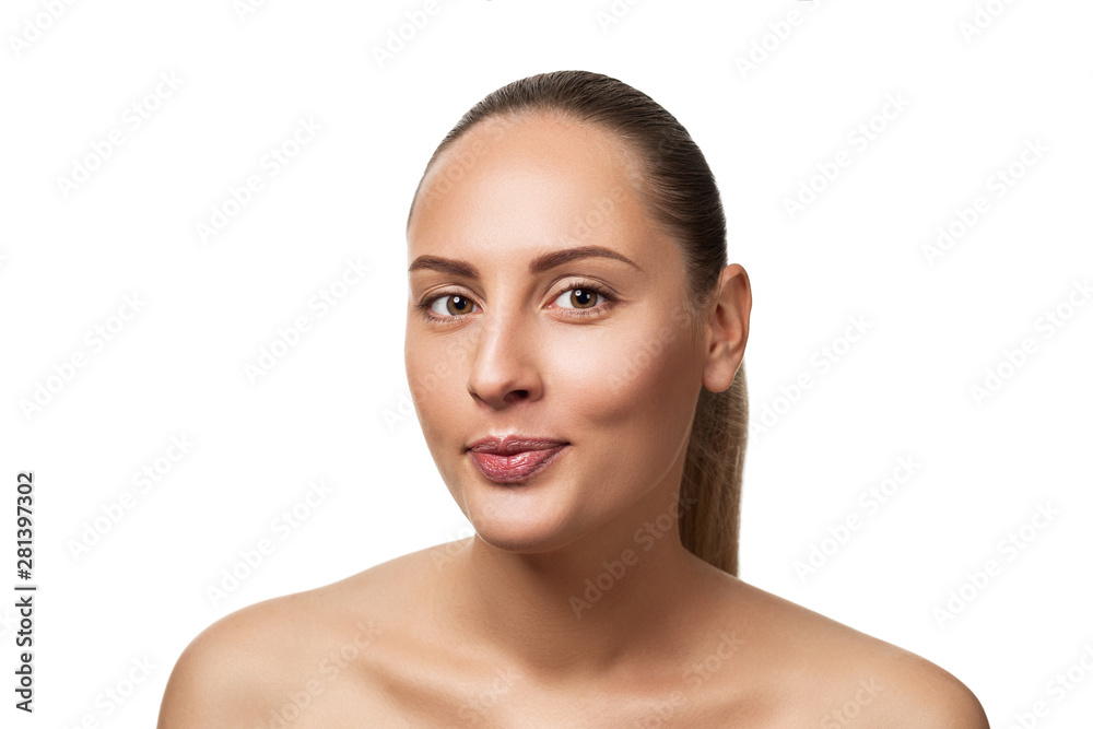 Beauty portrait of female face with natural skin looking at camera and smiling. model with light nude make-up isolated on white background Beauty portrait of female face with natural skin looking at camera and smiling. model with light nude make-up isolated on white background