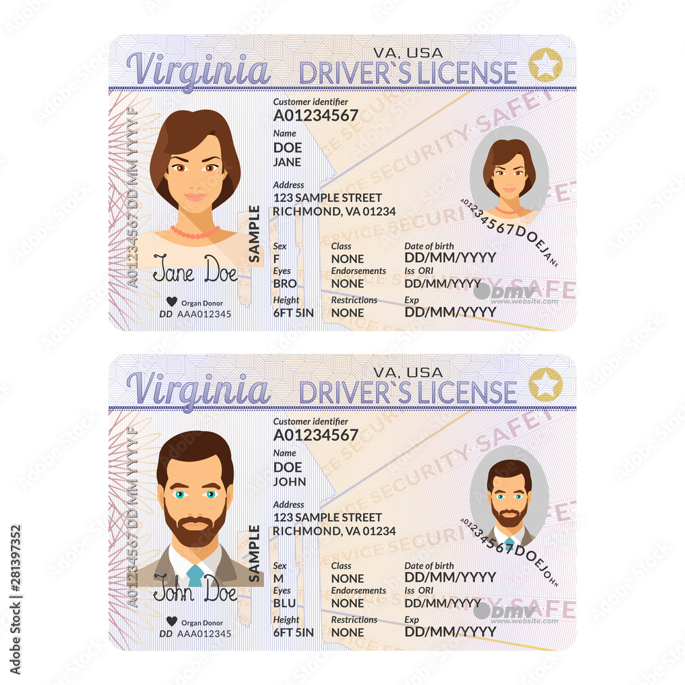 Vector template of sample driver license plastic card for USA Virginia Stock Vector Adobe Stock