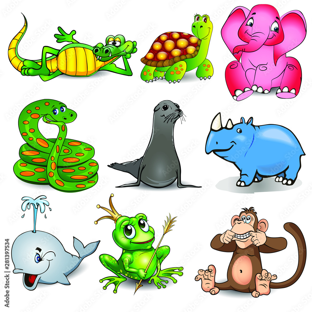 Illustration set of cartoon animals with crocodile, turtle, snake, sea  lion, hippo, whale, frog and monkey Stock Vector | Adobe Stock
