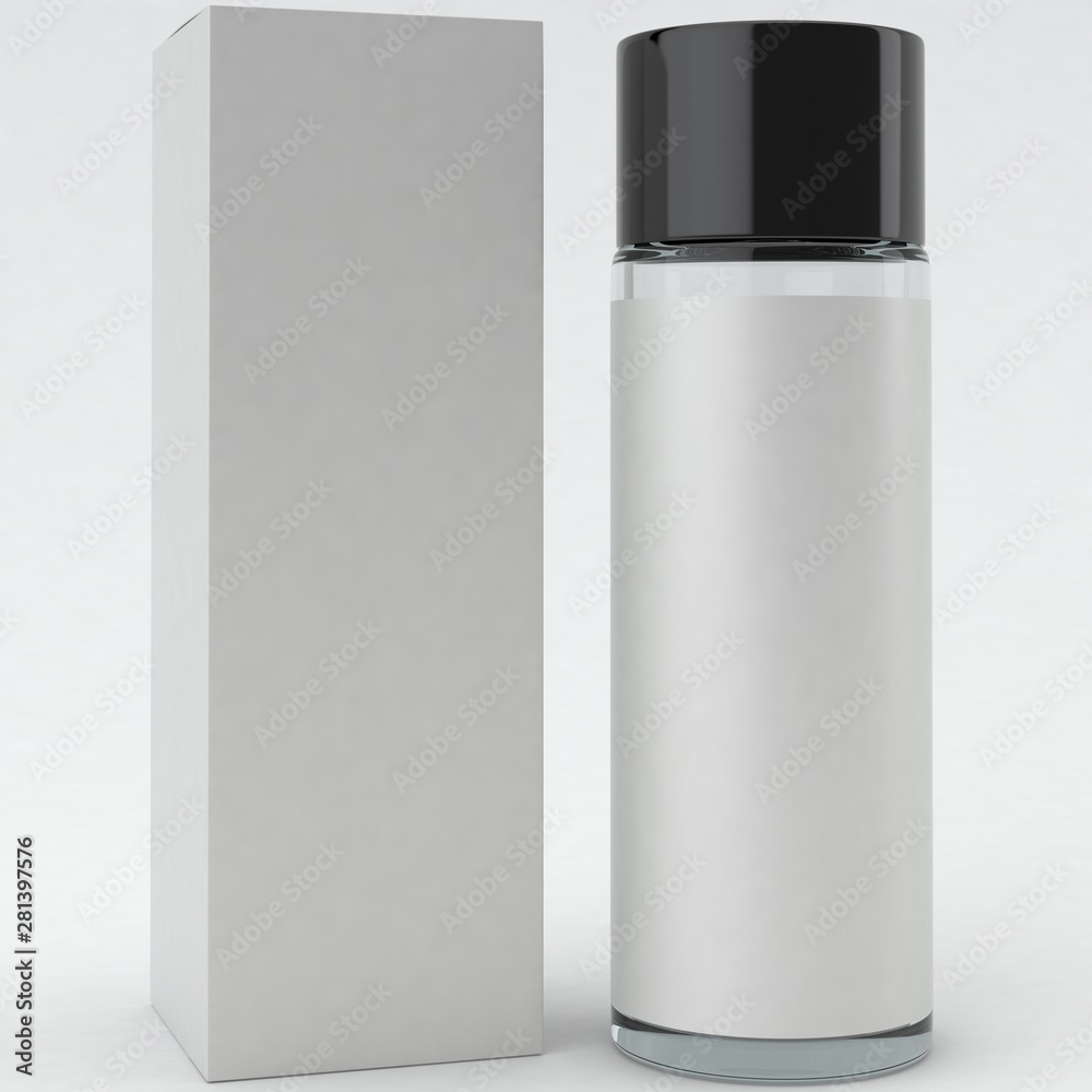 3d rendering realistic cosmetic bott;le and box mockup isolate on white background 3d rendering realistic cosmetic bott;le and box mockup isolate on white background