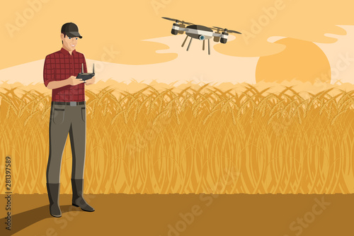 Farmer with drone on a wheat field. Digital transformation in agriculture and smart farming. Vector illustration EPS10
