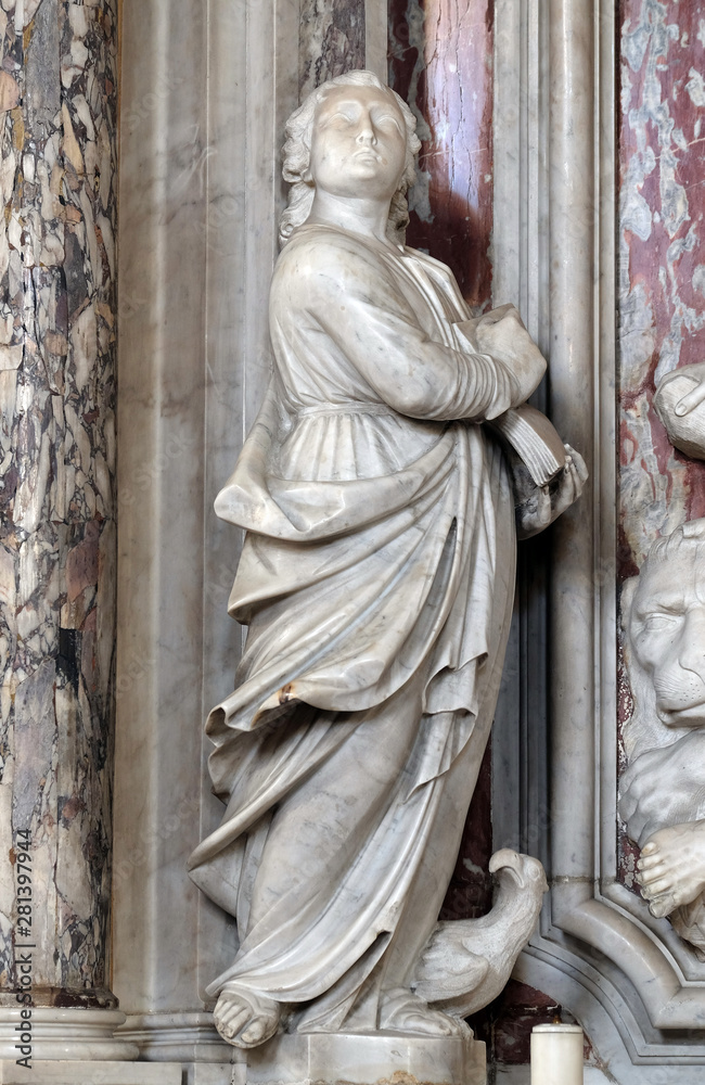 Obraz premium Saint John the Evangelist statue on the altar of Saint Jerome in the Saint John the Baptist church in Zagreb, Croatia