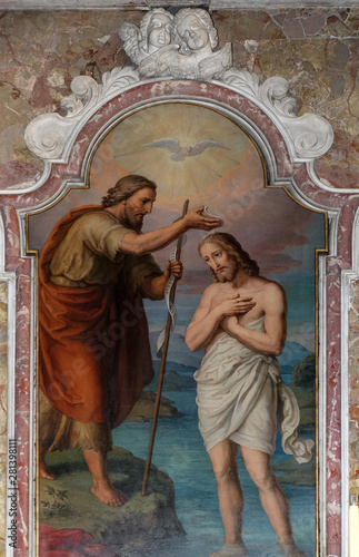 Fotobehang Baptism of the Lord, altarpiece in the Saint John the Baptist church in Zagreb,