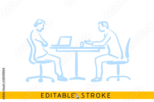 Two business men conversation icon. Line doodle sketch. Editable stroke icon.