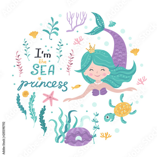 Poster with mermaid, sea animals and lettering