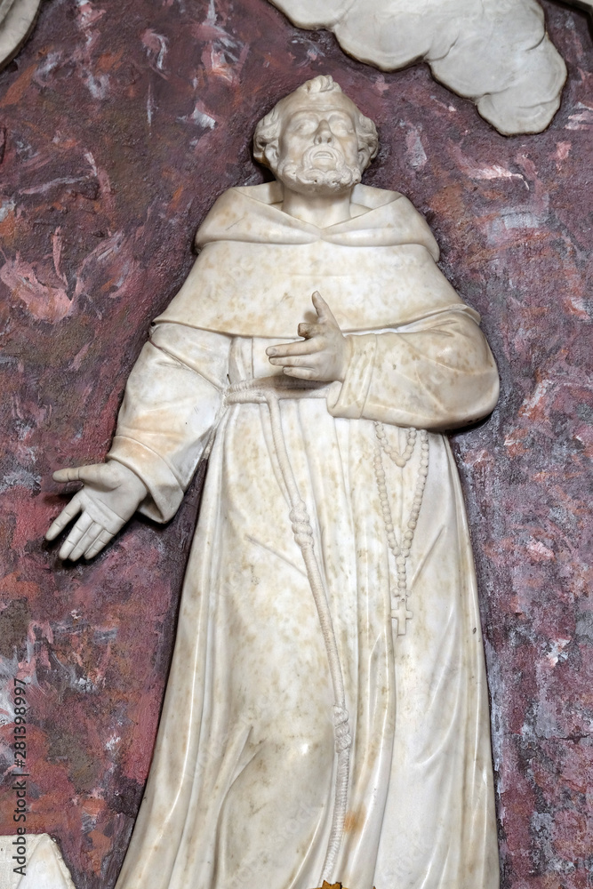 Saint Francis of Assis statue on the altar of Saint Francis of Assisi in the Saint John the Baptist church in Zagreb, Croatia