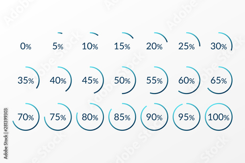Percentage vector infographics. 0 5 10 15 20 25 30 35 40 45 50 55 60 65 70 75 80 85 90 95 100 percent pie chart symbols. Isolated colorful circle icons for web design