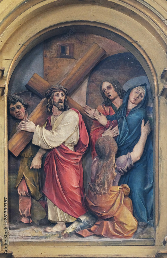 Fototapeta premium 4th Stations of the Cross, Jesus meets His Mother, Saint John the Baptist church in Zagreb, Croatia