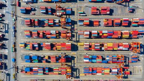 Aerial view shipping container terminal, Aerial view containers in the industrial port with lot's of different colors.