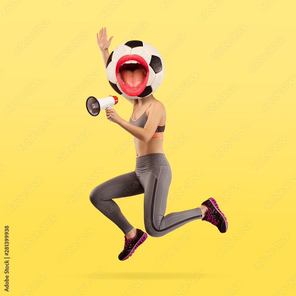 Female body in sportsuit headed by football ball with big mouth against yellow background. Negative space to insert your text. Modern design. Contemporary art collage. Vacation, summer, resort. - obrazy, fototapety, plakaty 