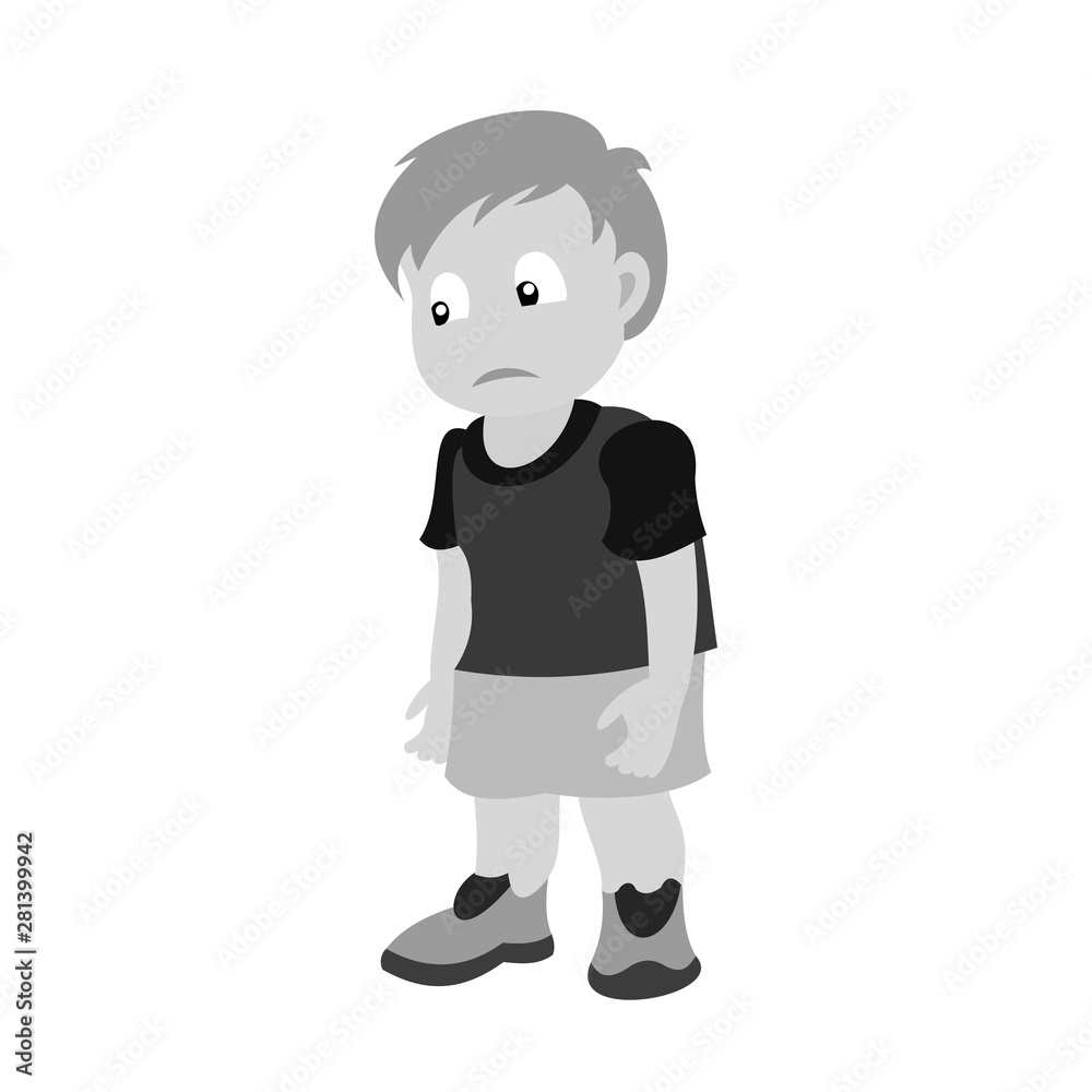Sad little boy. Greyscale vector illustration of flat design.