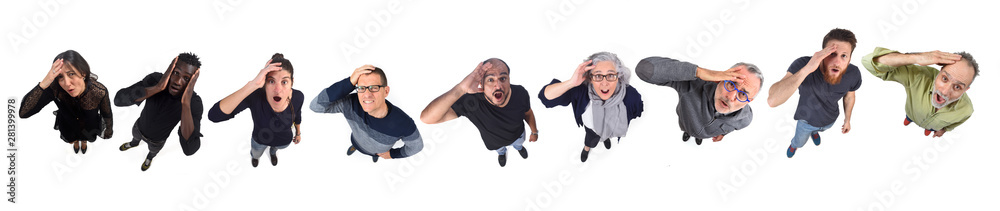 group of people with expression of forgetfulness or surprise on white background
