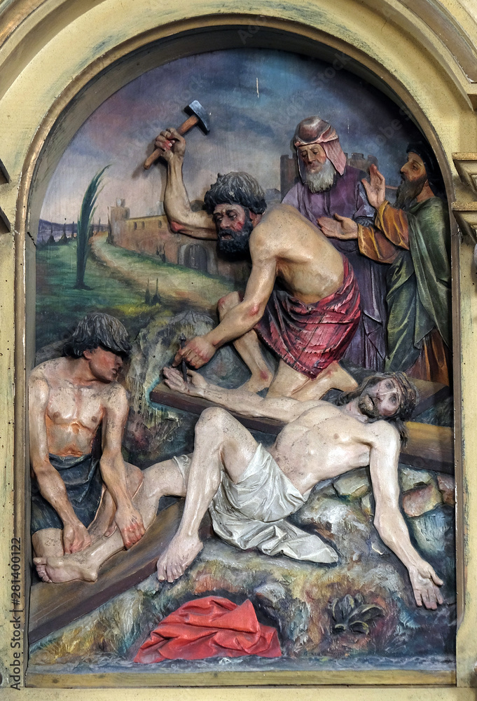 11th Stations of the Cross, Crucifixion: Jesus is nailed to the cross, Saint John the Baptist church in Zagreb, Croatia