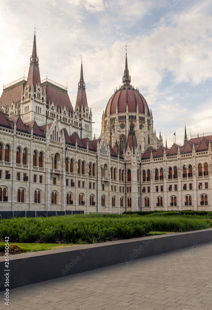 Parlament of Budapest in hungary in a cloudy day. You can see the facade with them neoclassic arquitecture.