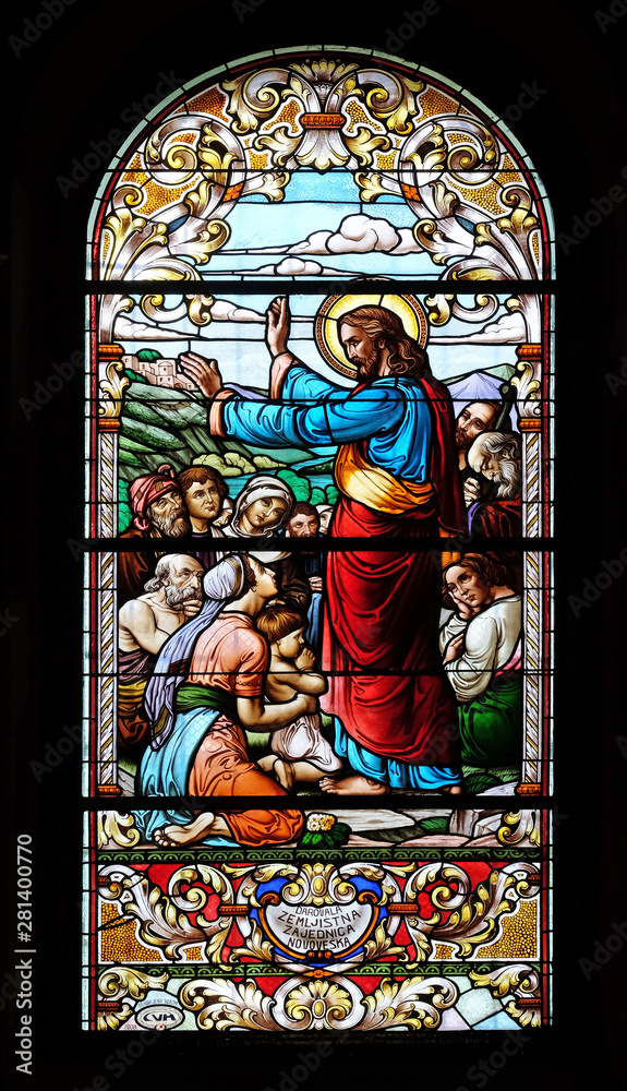 Sermon on the Mount, stained glass window in the Saint John the Baptist church in Zagreb, Croatia