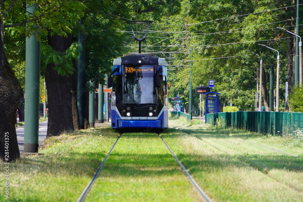 blur, the tram goes on rails in the alley of trees. eco-friendly urban public transport. urban forestry, protection of the environment.