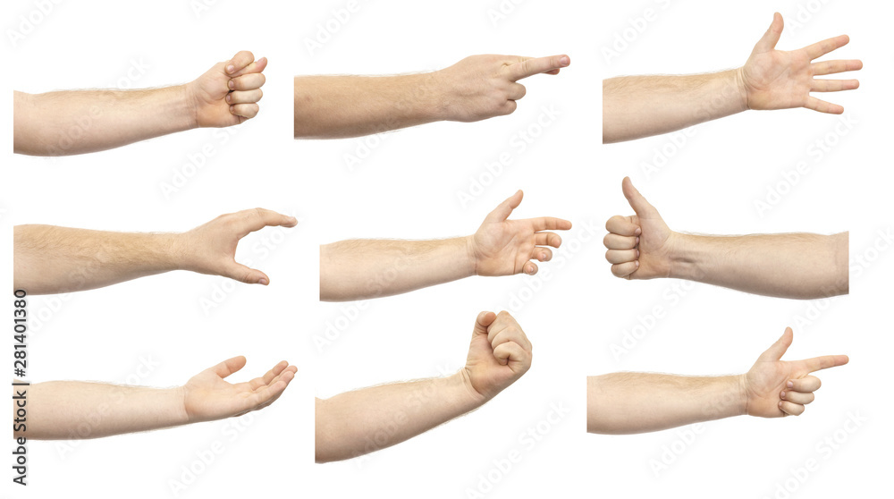 Collage of male hands showing various gestures isolated on white background. A set of various hand gestures Collage of male hands showing various gestures isolated on white background. A set of various hand gestures