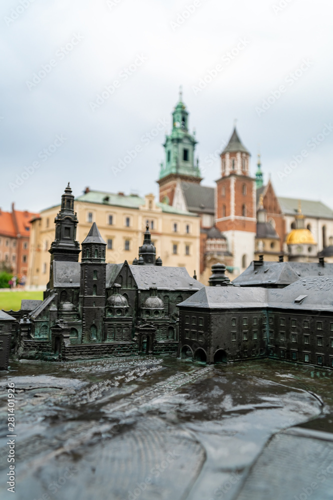 Model of Wawel complex with real buildings in background