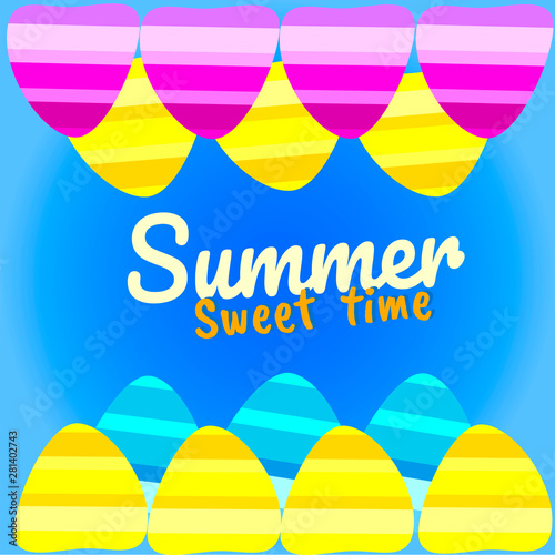Summer vector background with seashell elements. Summer colorfull seashells on the blue backdrop. Summer sweet time illustration