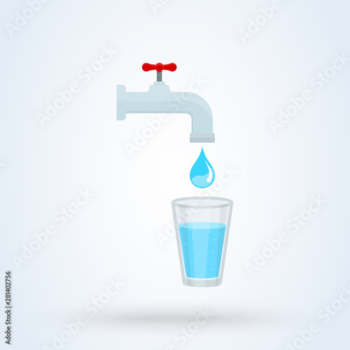 Water tap with glass and drop. vector modern icon design illustration.