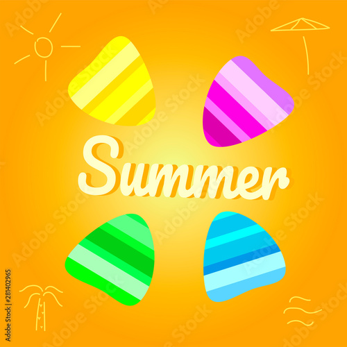 Summer vector background with seashell elements. Summer colorfull seashells on the yellow backdrop. Summer time illustration