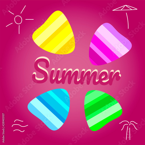 Summer vector background with seashell elements. Summer colorfull seashells on the pink backdrop. Summer time illustration