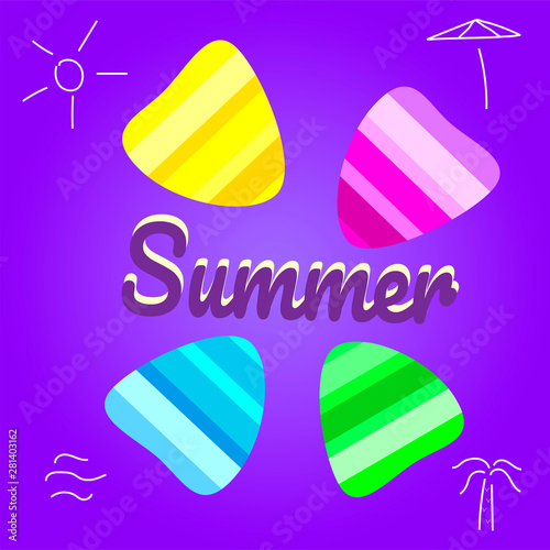 Summer vector background with seashell elements. Summer colorfull seashells on the violet backdrop. Summer time illustration
